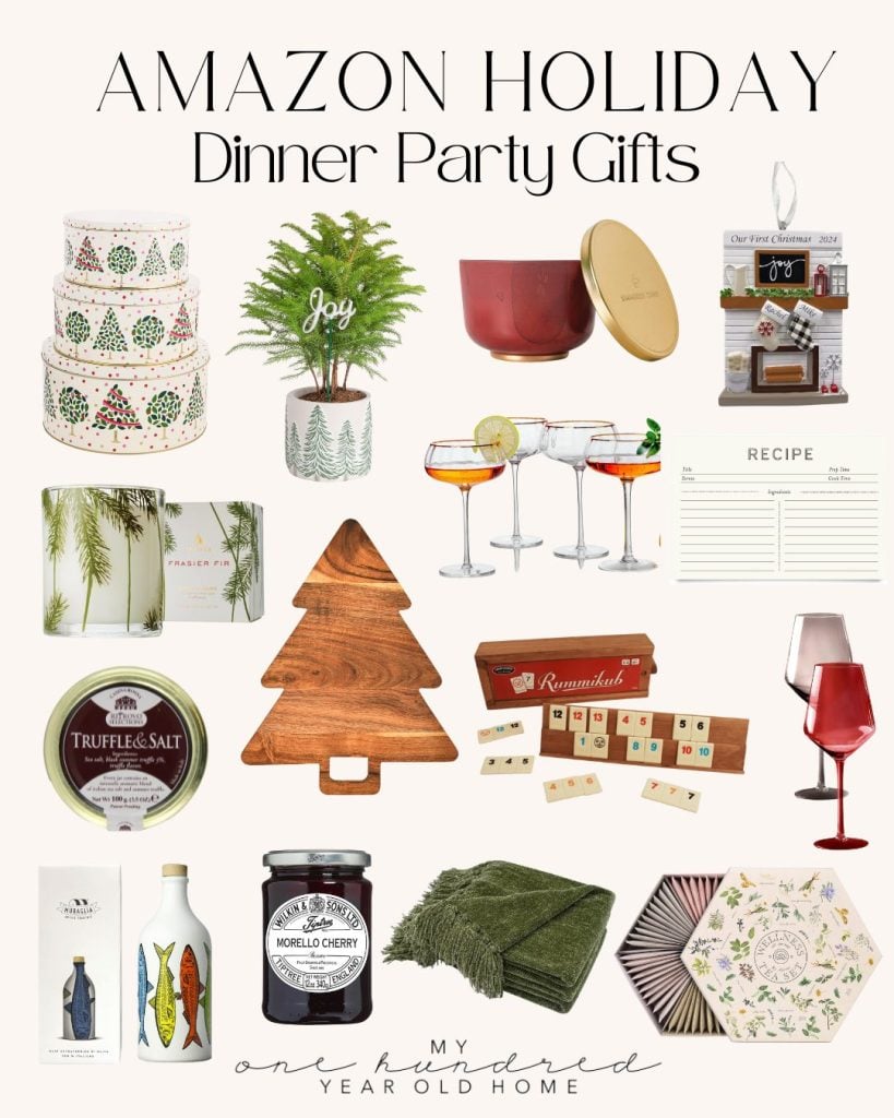 Collage of holiday dinner party gift ideas, including candles, wine glasses, recipe cards, truffle salt, cutting board, and more.