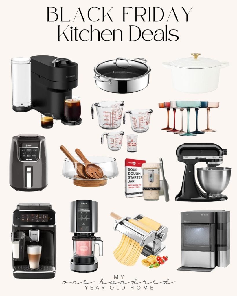 Collage of kitchen appliances and accessories with the text "Exciting Black Friday Kitchen Deals," featuring coffee makers, air fryer, mixer, measuring cups, and glasses.