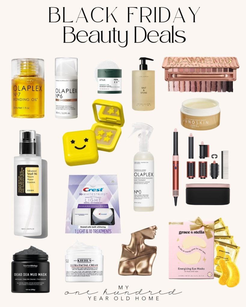 A collage of beauty products for unbeatable Black Friday deals, including skincare, haircare, and makeup items like Olaplex, Crest, and Kiehl's, elegantly displayed on a cream background.