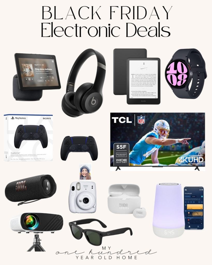 Collage of enticing Black Friday electronic deals, featuring headphones, a smartwatch, e-reader, gaming controller, TV, speakers, projector, smart glasses, and air purifier—perfect for tech enthusiasts seeking unbeatable savings.