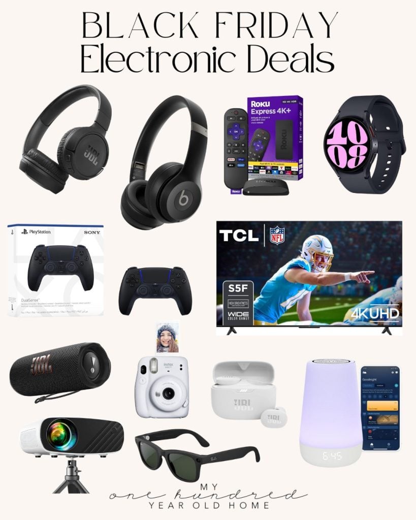 A dynamic collage showcasing irresistible Black Friday electronic deals, including headphones, a smartwatch, streaming device, gaming controller, TV, camera, speaker, projector, and smart home devices.