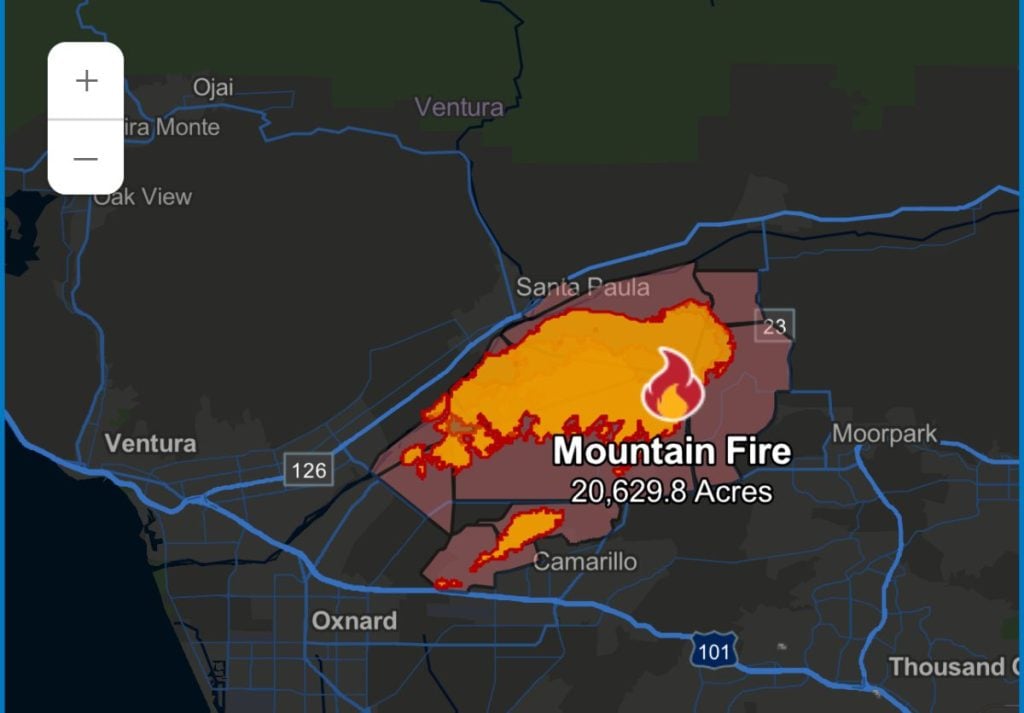 Map showing the Mountain Fire in California, covering 20,629.8 acres, marked in red and orange near Ventura and Santa Paula.