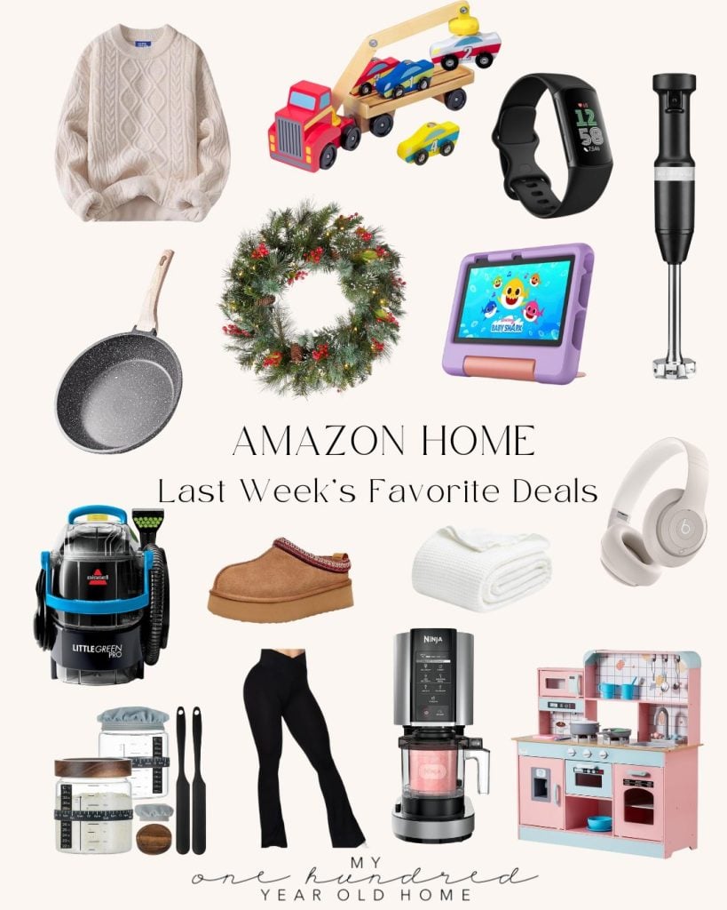 Collage of various products including a sweater, toys, fitness tracker, immersion blender, wreath, and more, showcasing Amazon deals.