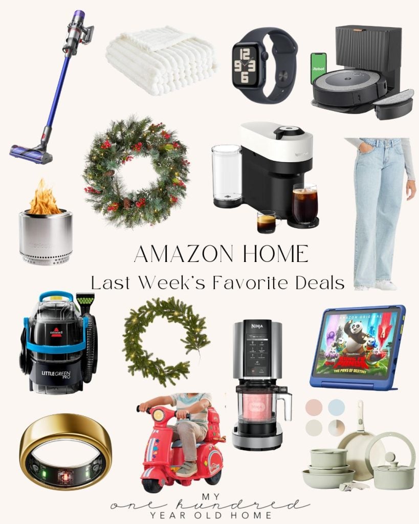 Collage of various home products including a vacuum, smart watch, coffee makers, festive nutcracker wreaths, jeans, kitchenware, and a ride-on toy scooter. Labeled "Amazon Home: Last Week's Favorite Deals.