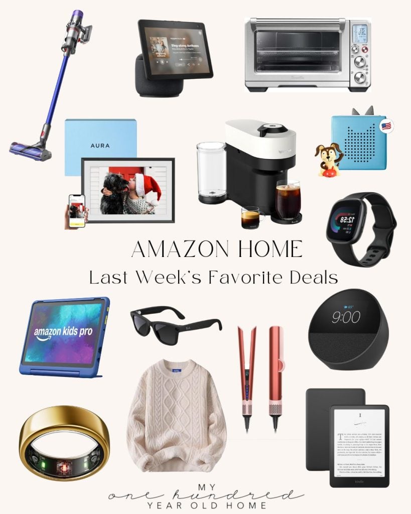 Collage of Amazon home gadgets including a vacuum, smart displays, toaster oven, photo frames, coffee maker, smartwatch, tablet, glasses, pens, smart ring, sweater, and e-reader.