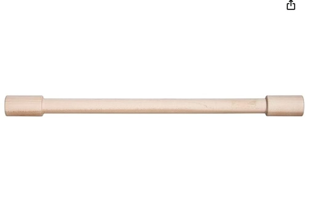 A wooden rolling pin with tapered handles on both ends.