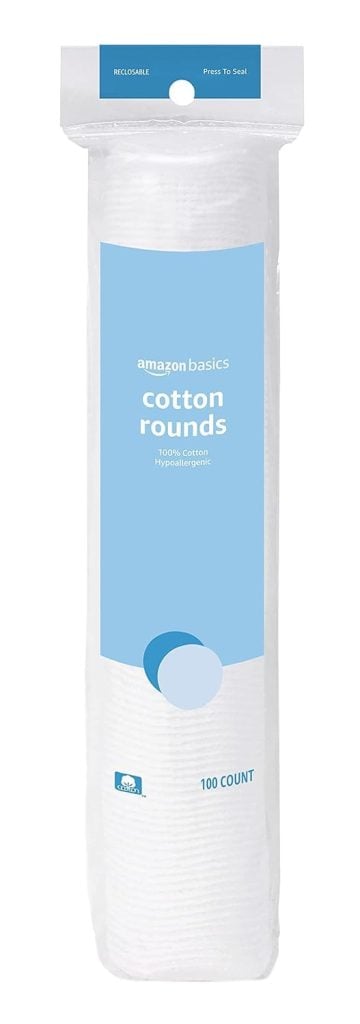 Package of Amazon Basics cotton rounds, 100 count, in a clear plastic bag with a resealable top.