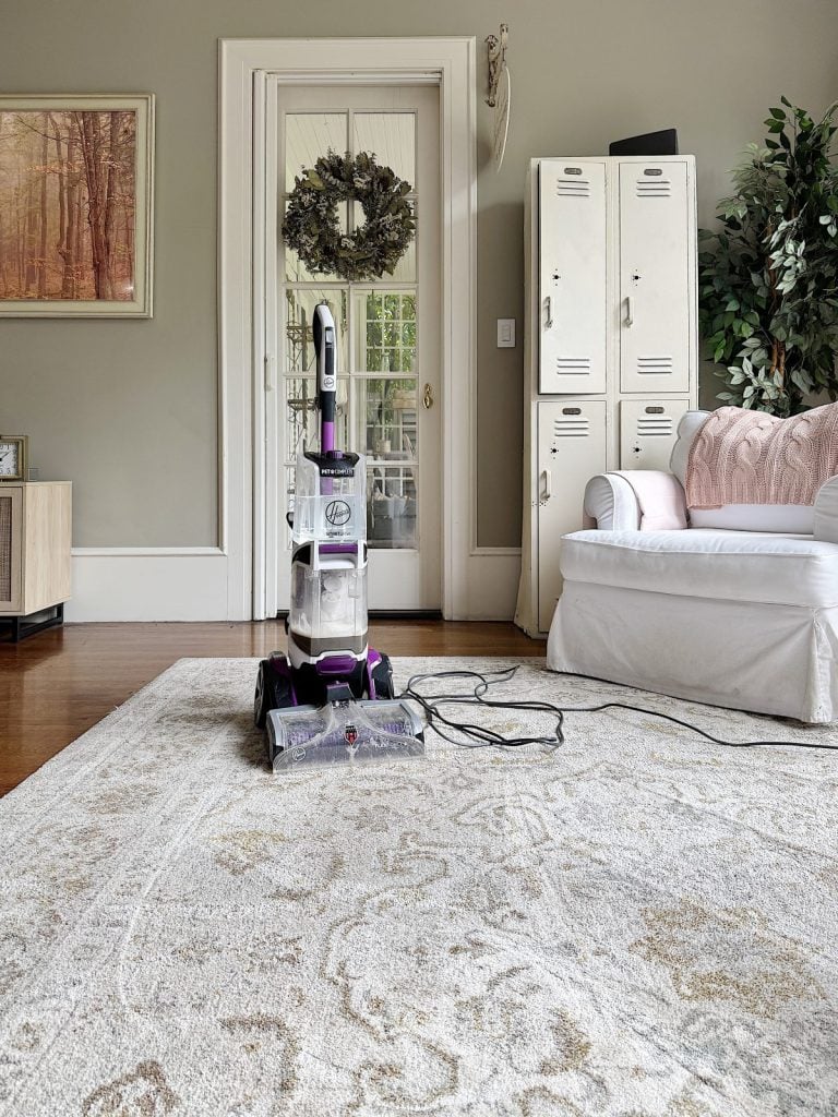 A carpet cleaner sits on a patterned rug in a living room with a white sofa, lockers, and wall decor in the background, perfect for discovering new table setting ideas.