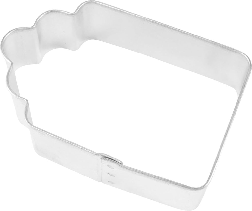 A metal cookie cutter shaped like a mitten with a smooth edge and a slightly wavy thumb area, perfect for baking or crafting clay ornaments, photographed on a white background.