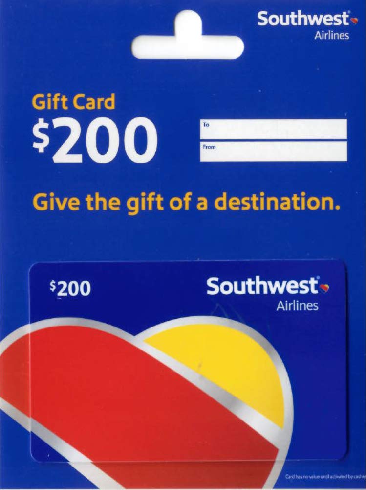 Blue Southwest Airlines gift card packaging showing a $200 gift card, with spaces to fill in "To" and "From", and the slogan "Give the gift of a destination.