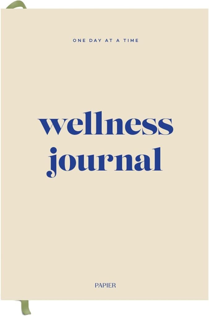 Cover of a wellness journal with the text "One Day at a Time" at the top and "wellness journal" in large blue letters in the center.