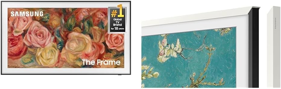 Two views of a Samsung The Frame TV: one displaying festive artwork perfect for Christmas Morning Breakfast, and the other showing a close-up of the slim side profile in black and white finishes.