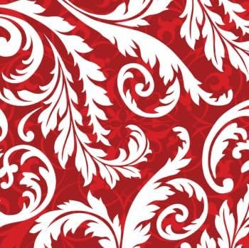 Red and white floral pattern with swirling leaf designs.