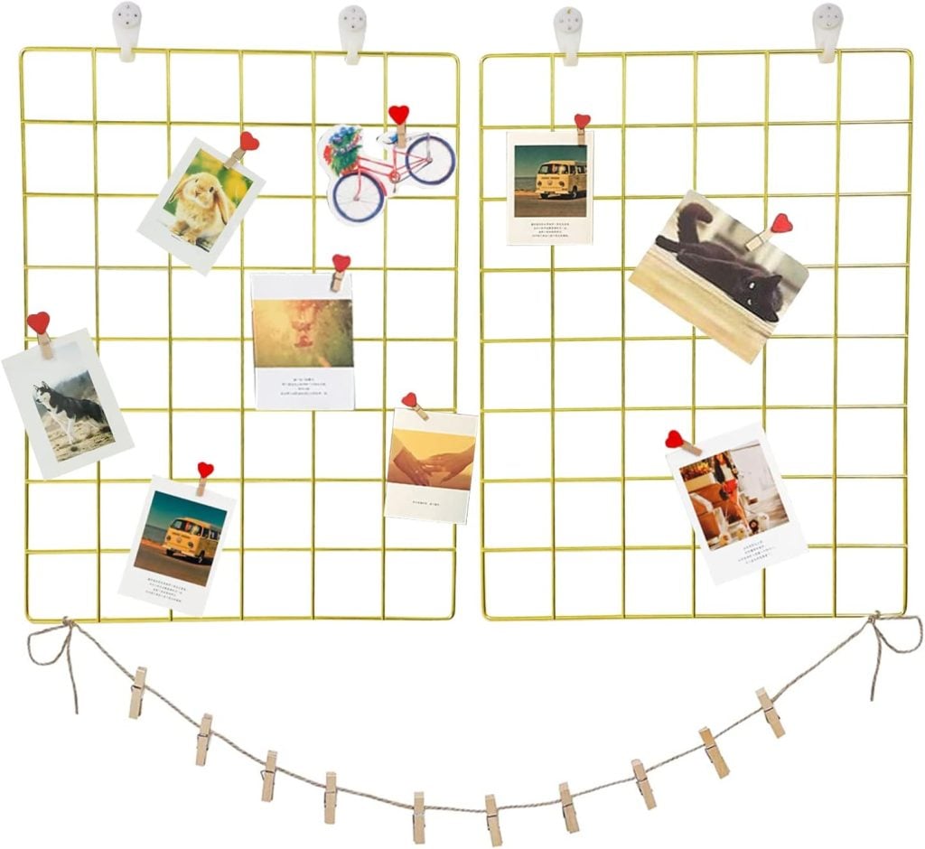 A display grid with photos and notes clipped on, featuring images of animals, vehicles, and a bicycle magnet. Perfect for hanging cherished moments or displaying Christmas cards, a string with mini clothespins hangs below.