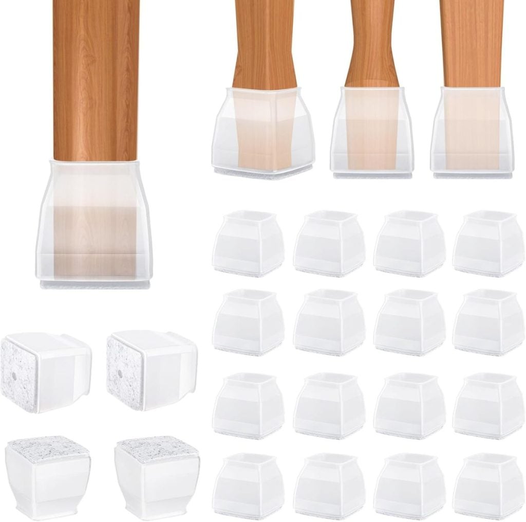 Clear silicone chair leg floor protectors, shown fitted on wooden chair legs, with extra protectors and felt pads displayed separately—ideal for enhancing any table setting ideas while keeping floors scratch-free.