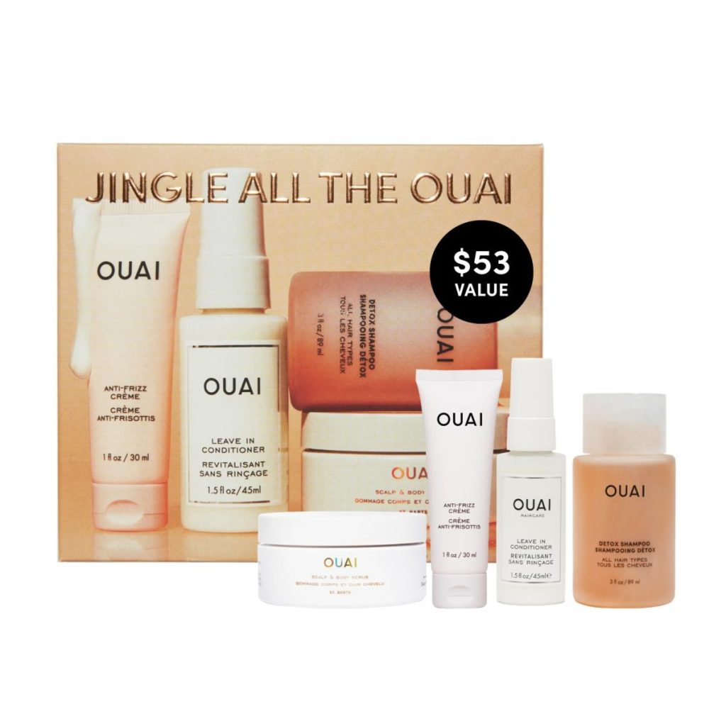 Box set of Ouai hair products, labeled "Jingle All The Ouai," includes shampoos, conditioner, and creams. A circular label shows "$53 value.