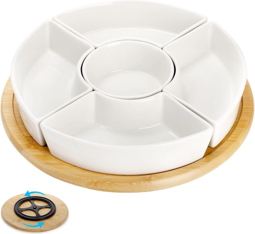 A round bamboo tray with five white ceramic serving dishes arranged around a central bowl—perfect for sharing treats during the season of giving; inset shows a rotating base feature.