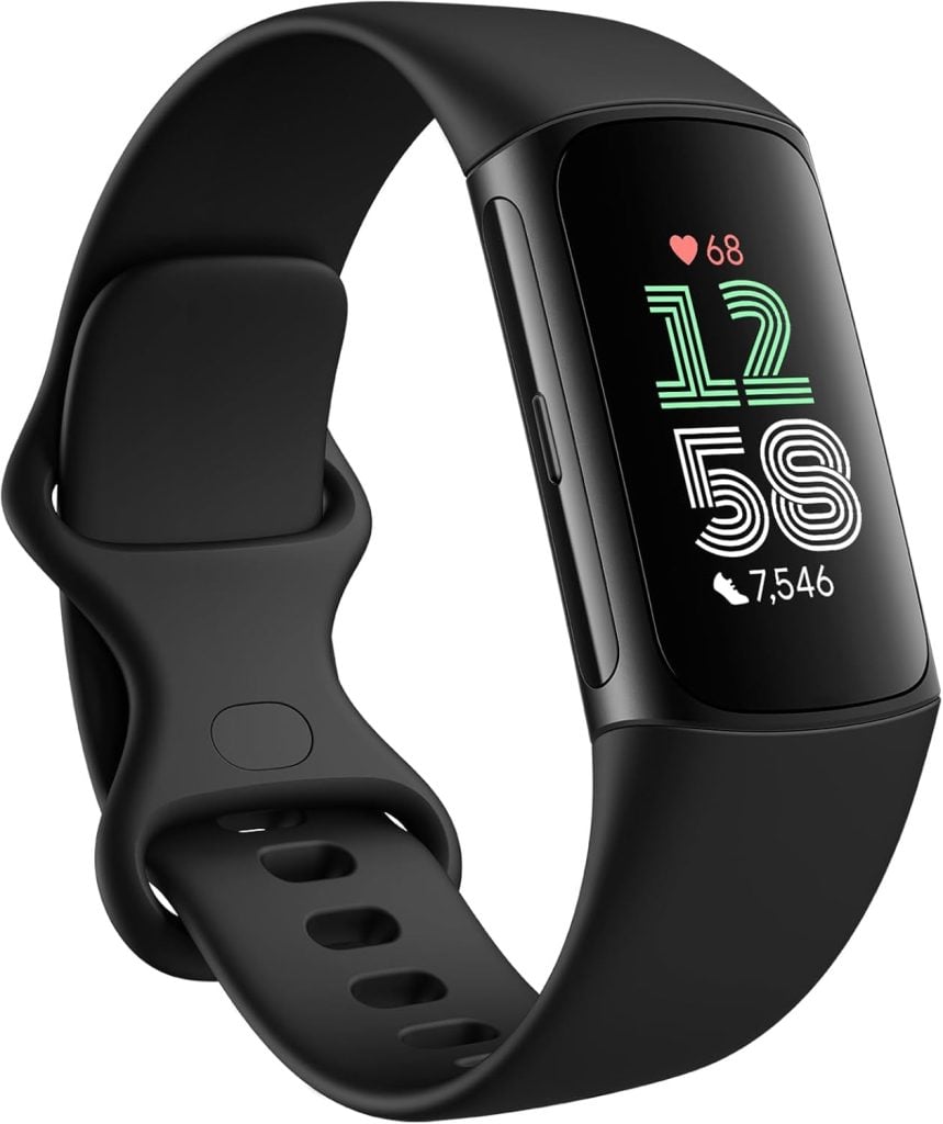 A black fitness tracker with a digital display showing a heart rate of 68, the time as 12:58, and 7,546 steps.