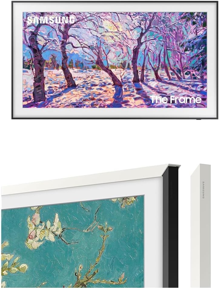 Samsung The Frame TV displaying artwork with trees and snow, alongside a close-up of its frame design with floral image detail.