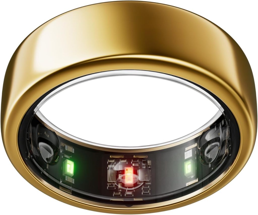 Gold ring with visible inner sensors, featuring green and red lights.