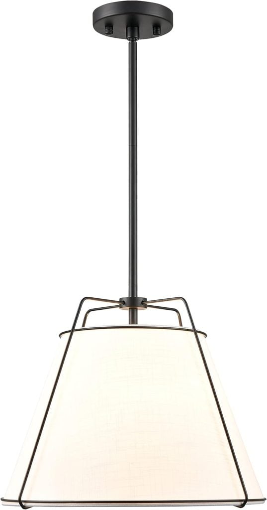 A modern pendant light with a black metal frame and a white fabric shade hanging from a ceiling mount.