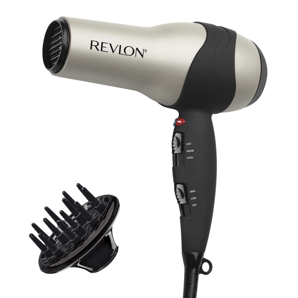 A silver and black Revlon hair dryer with buttons on the handle sits beside a black diffuser attachment, reflecting light like glass Christmas ornaments.