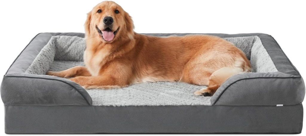 A golden retriever lying on a large, gray, rectangular dog bed with raised edges and a soft, textured surface, perfectly cozy for the season of giving.