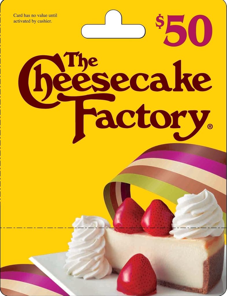 The Cheesecake Factory $50 gift card featuring a slice of cheesecake with strawberries and whipped cream on a yellow background.