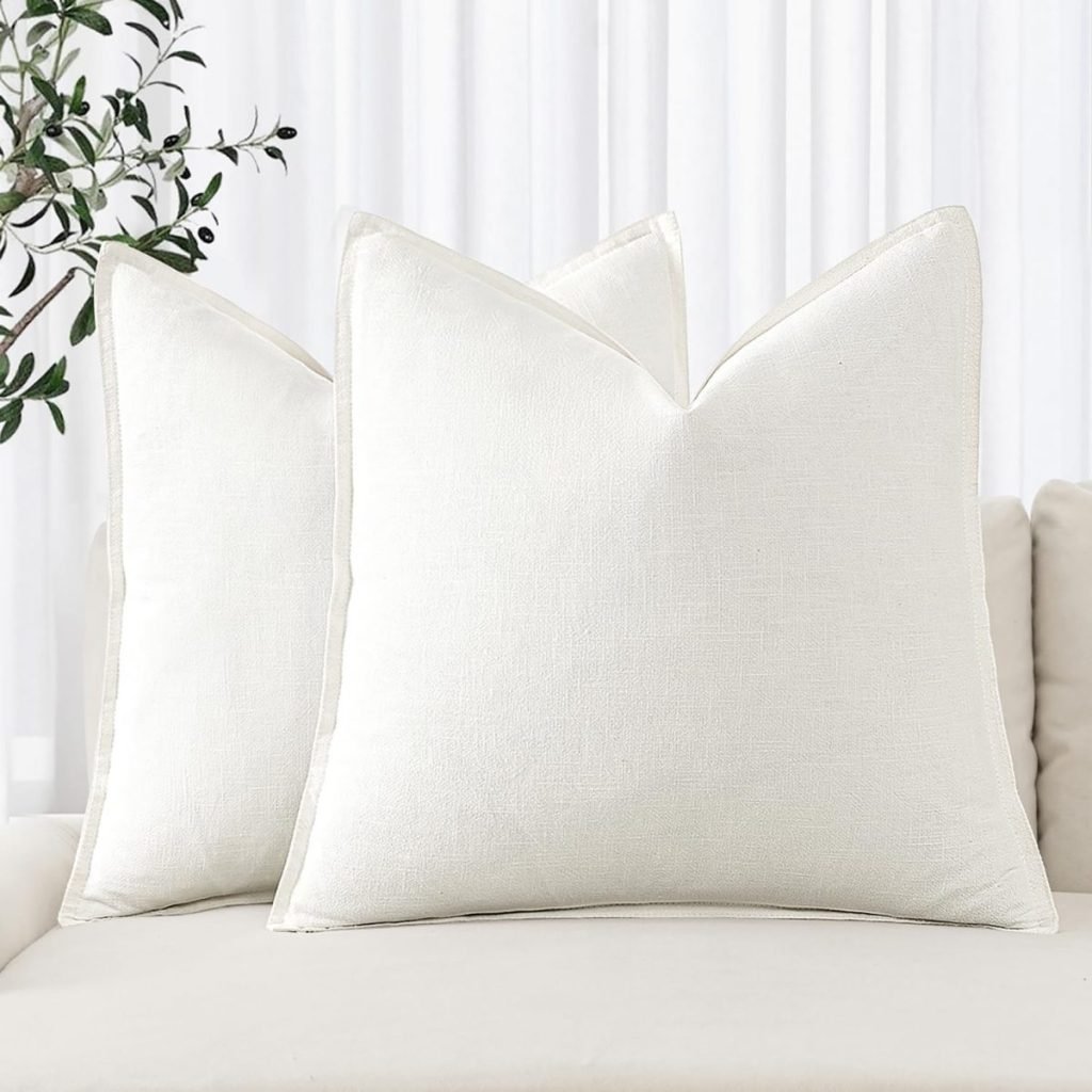 Two white throw pillows on a beige couch with a plant visible on the left side.