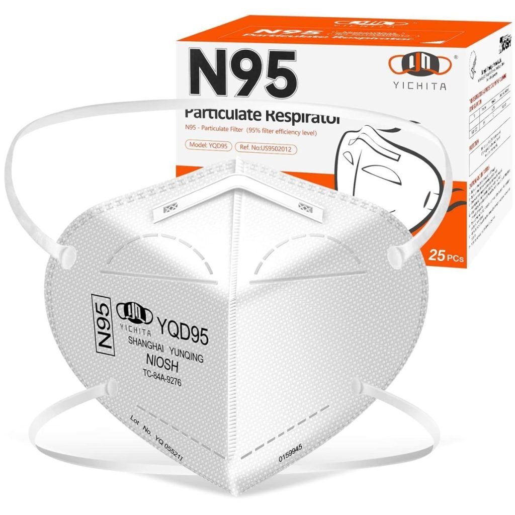 N95 particulate respirator mask with packaging box in the background. Box indicates 25 pieces, brand YICHITA. The mask features an adjustable nose clip and ear loops, akin to the precision of crafting clay ornaments.