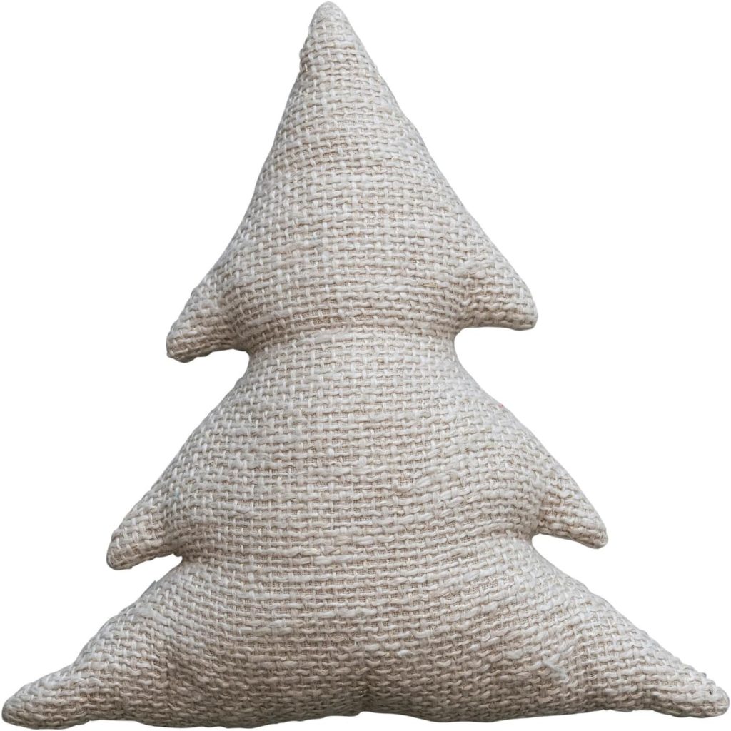 A beige, textured, tree-shaped Christmas pillow with a woven fabric pattern, designed to resemble a simple pine tree.