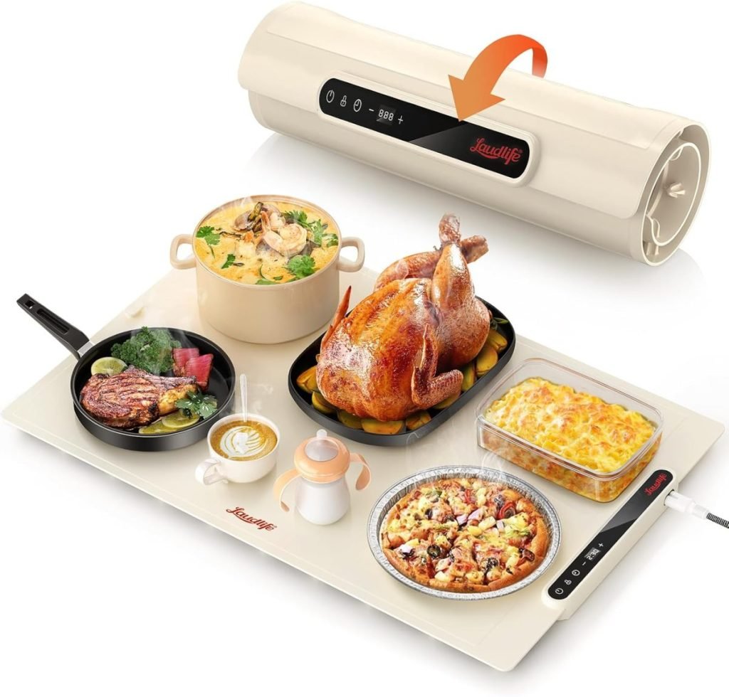 A multifunctional cooking appliance with a digital control panel, perfect for Christmas brunch, displaying a variety of dishes like roast turkey, steak, soup, casserole, pie, and sauce.