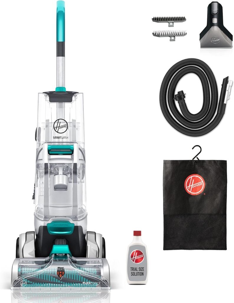 A Hoover upright carpet cleaner with attachments, including a hose, cleaning tools, a trial-size cleaning solution, and a black storage bag—perfect for refreshing your space before trying new table setting ideas—all displayed on a white background.