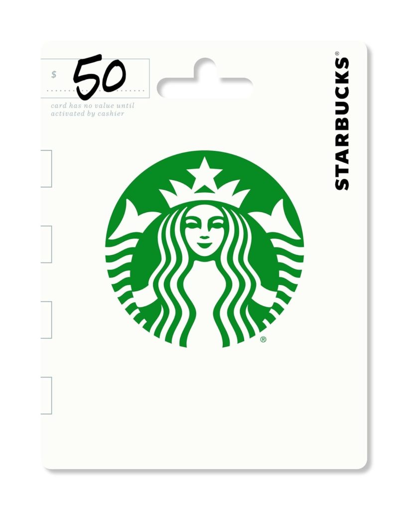 Starbucks gift card showing the logo and a $50 value.