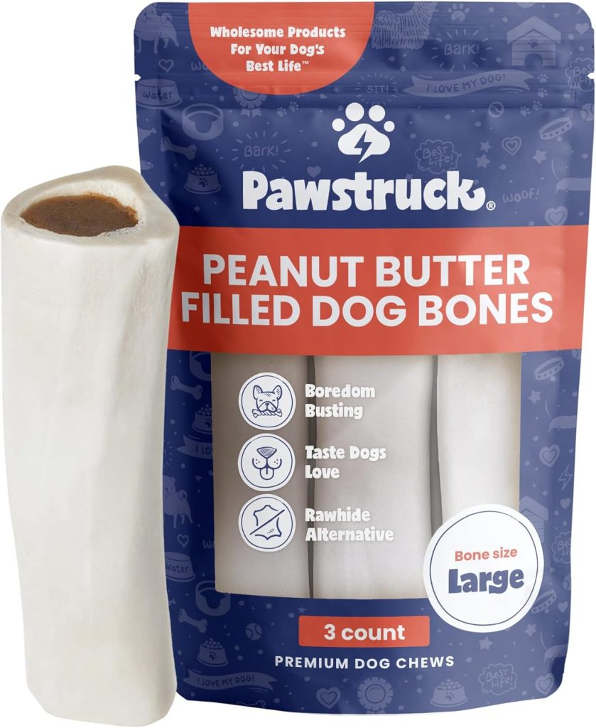 A package of Pawstruck Peanut Butter Filled Dog Bones, large size, 3 count—perfect for the season of giving—with one bone outside the package for display.