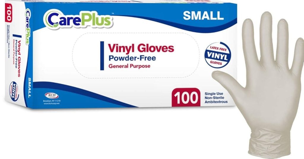 Box of CarePlus small vinyl gloves with one glove displayed. The box highlights they are powder-free, latex-free, and for general purpose. Contains 100 single-use, ambidextrous gloves.