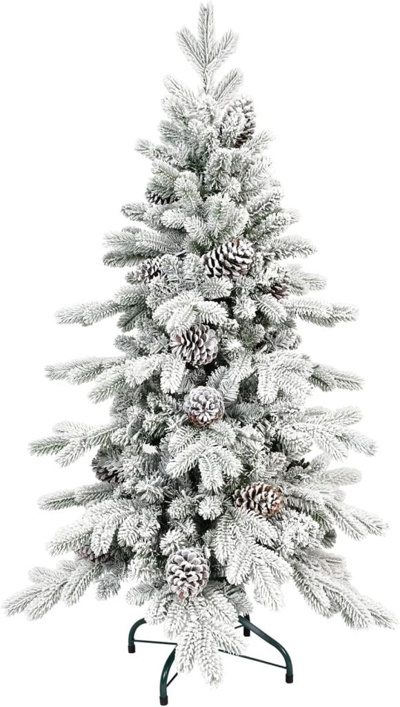 Artificial Christmas tree with snow-covered branches and pine cones, on a metal stand.