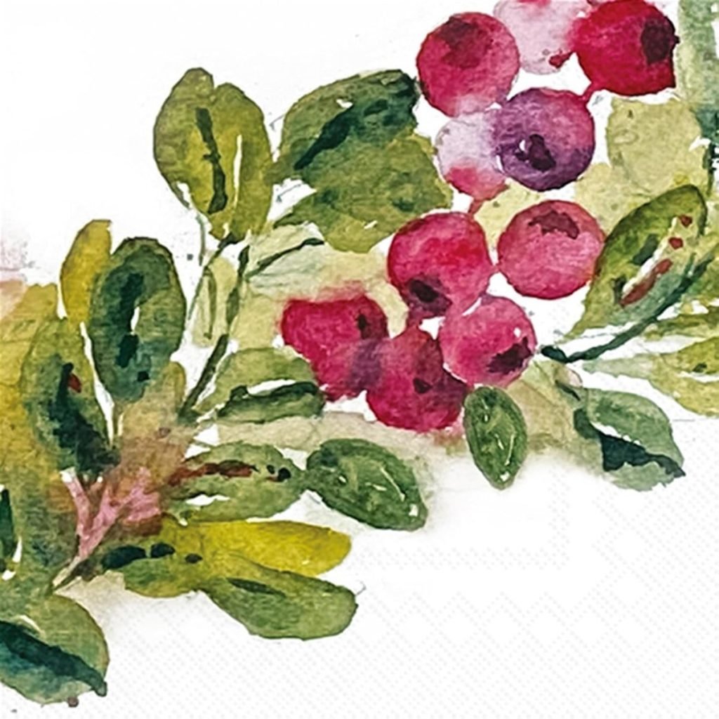 Watercolor painting of green leaves and red berries, arranged in a diagonal pattern on a white background.