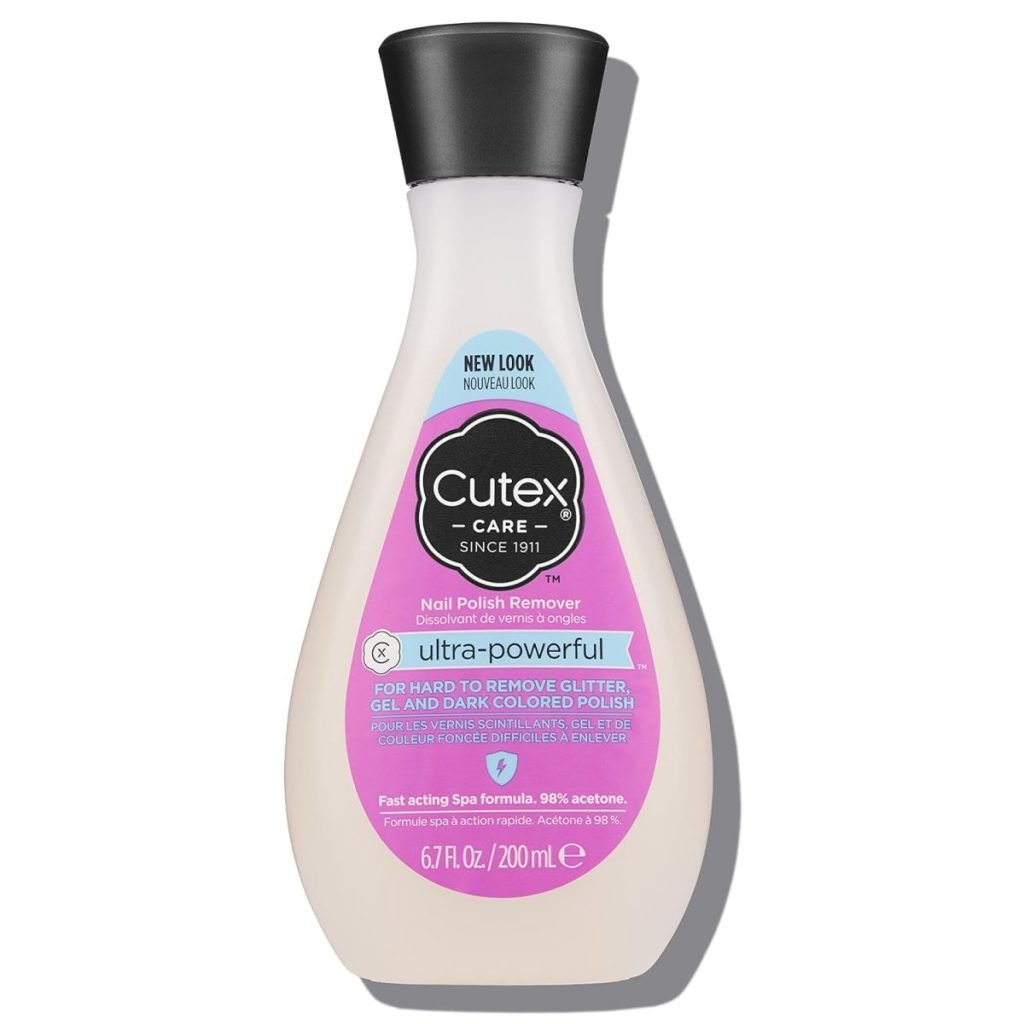 A bottle of Cutex Care Ultra-Powerful Nail Polish Remover, 6.7 fl. oz. The label highlights its effectiveness on glitter and dark colored polish, with acetone content of 98%.