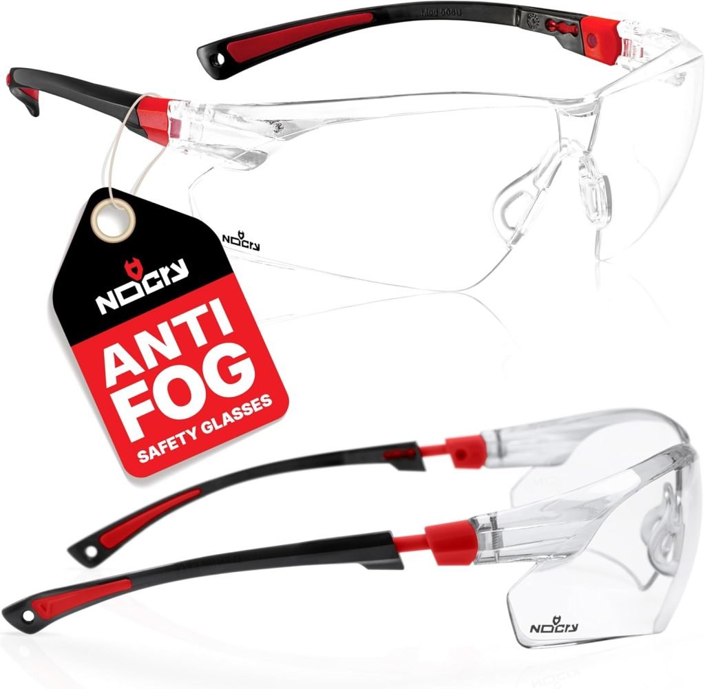 Clear and black anti-fog safety glasses with red accents, shown from side and front angles, with a tag reading "NoCry Anti Fog Safety Glasses.