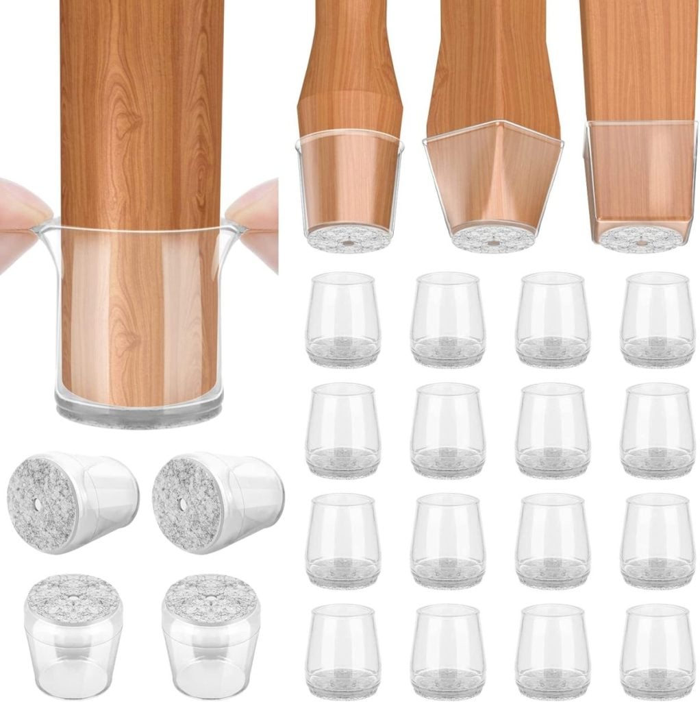 Clear silicone chair leg protectors being stretched and fitted onto wooden chair legs, shown individually and in a group with bottom felt pads visible—perfect for protecting floors while enhancing your table setting ideas.
