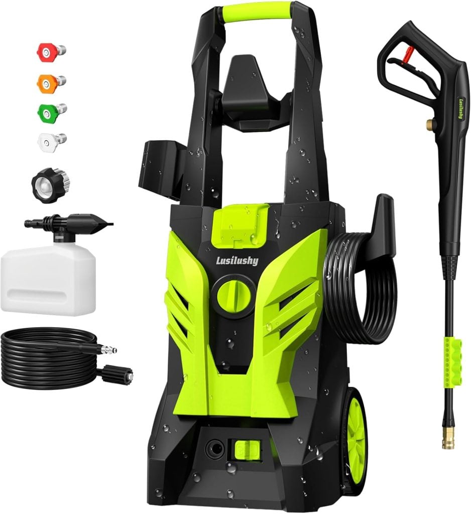 Electric pressure washer with hose, spray gun, detergent bottle, and multiple nozzles—shown vertically with green and black accents—perfect for refreshing patios before trying your favorite table setting ideas outdoors.