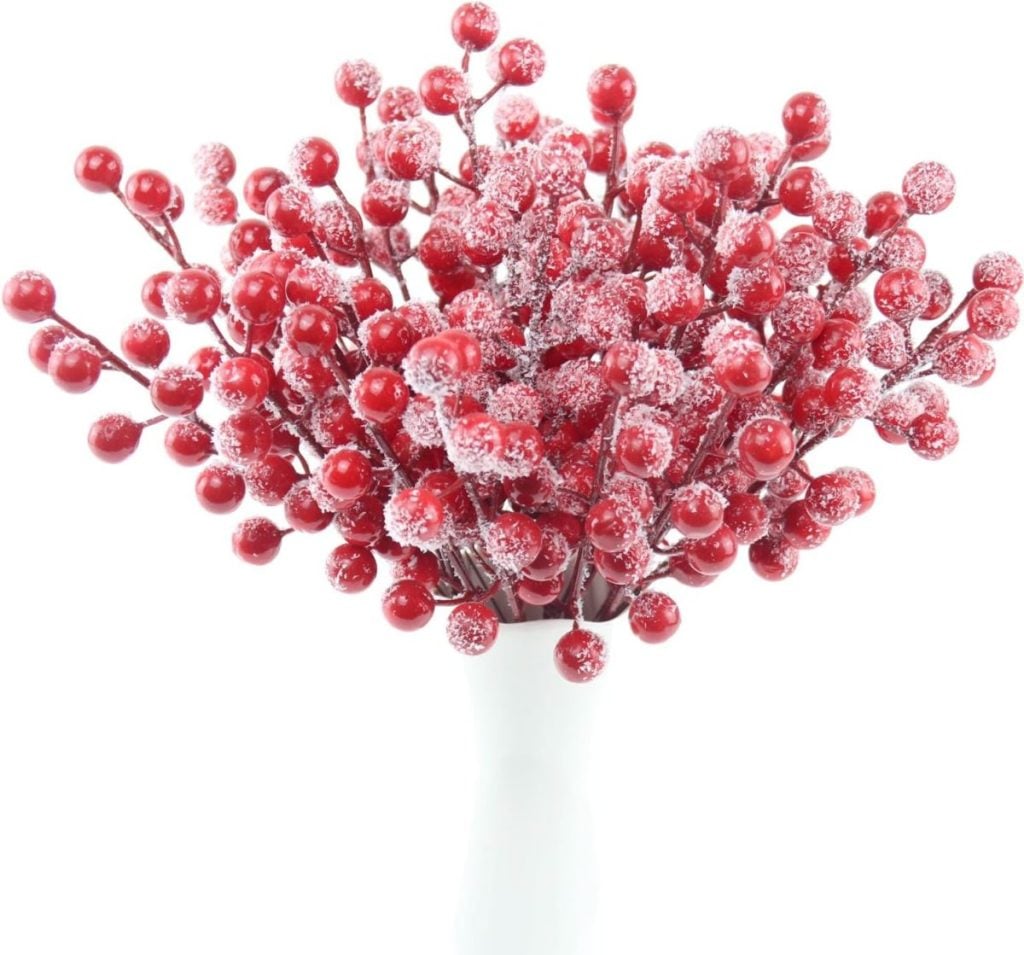 Red frosted berry branches arranged in a white vase.