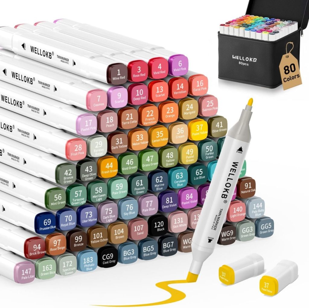 A set of 80 dual-tip WELLOKB markers in vibrant colors arranged in a pyramid, with one marker uncapped and a carrying case in the background—perfect for creative gifts during the season of giving.