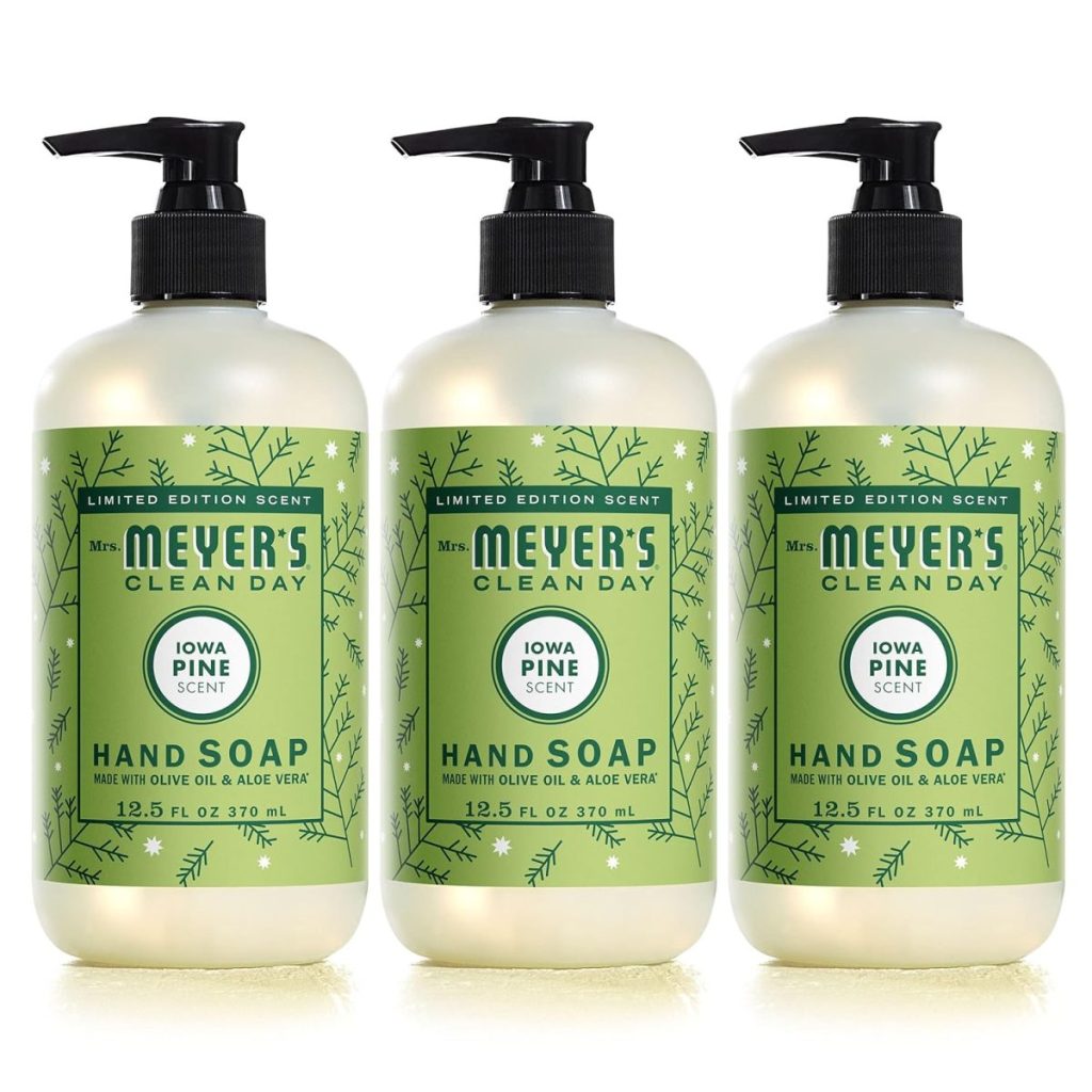 Three bottles of Mrs. Meyer's Clean Day Iowa Pine Scent Hand Soap, each with a pump dispenser, labeled as limited edition, 12.5 fl oz (370 ml) each.