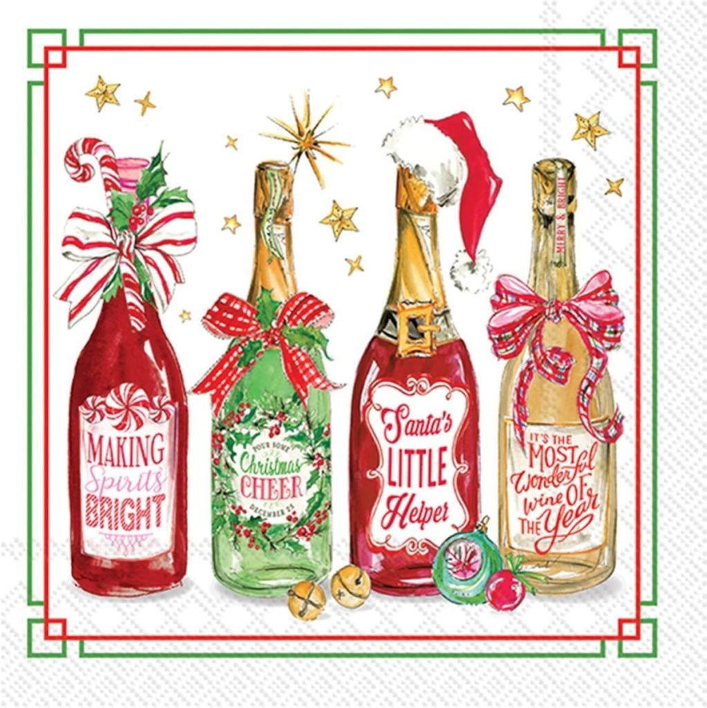 Four festive wine bottles with holiday decorations and labels reading “Making Spirits Bright,” “Christmas Cheer,” “Santa’s Little Helper,” and “Most Wonderful Wine of the Year”—perfect for your next Christmas party.