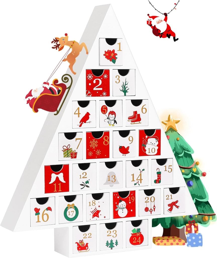 Triangular advent calendar with numbered drawers and festive designs, perfect to display Christmas cards. Santa in his sleigh and a Christmas tree adorn the charming decoration.