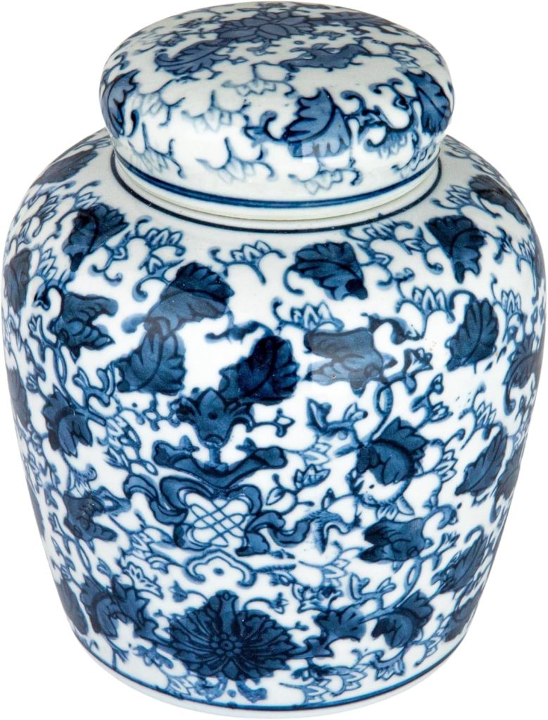 Blue and white porcelain jar with lid, decorated with intricate floral patterns—an elegant gift perfect for the season of giving.