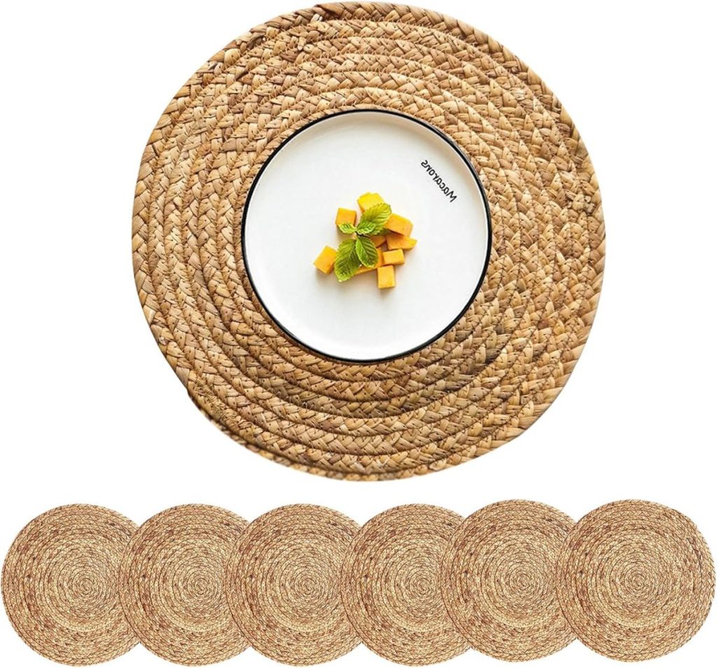 Six round woven straw placemats are shown, with one placemat holding a white plate of diced mango and mint—perfect for sharing during the season of giving.