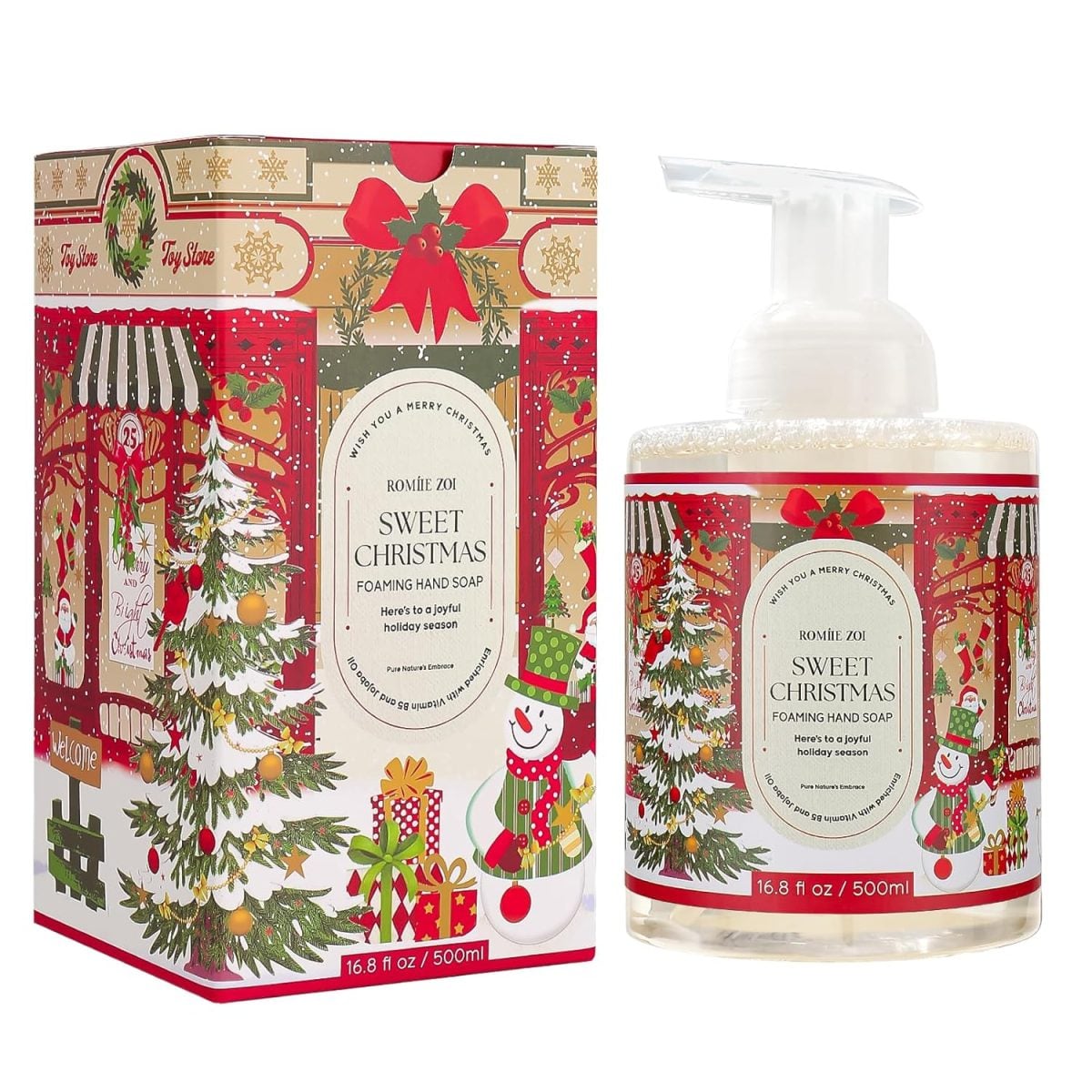 A bottle and box of Roma Zoe Sweet Christmas foaming hand soap, each decorated with festive holiday designs—including a Christmas tree and snowman—perfect for hosting Christmas in style.